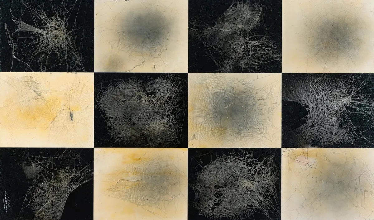 이민구, 소우주 (Microcosmos), 혼합재료 (거미줄), 검은 바탕의 은빛 거미줄과 밝은 바탕을 엇갈려 놓은 격자 작업. 「소우주(Microcosmos)」 연작